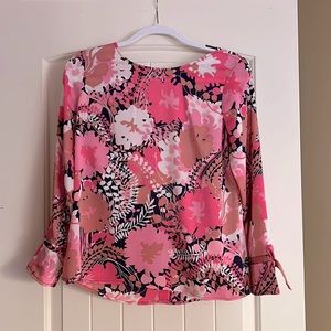 Talbots petite pink multi colored blouse. Cute bow and button detail on sleeves